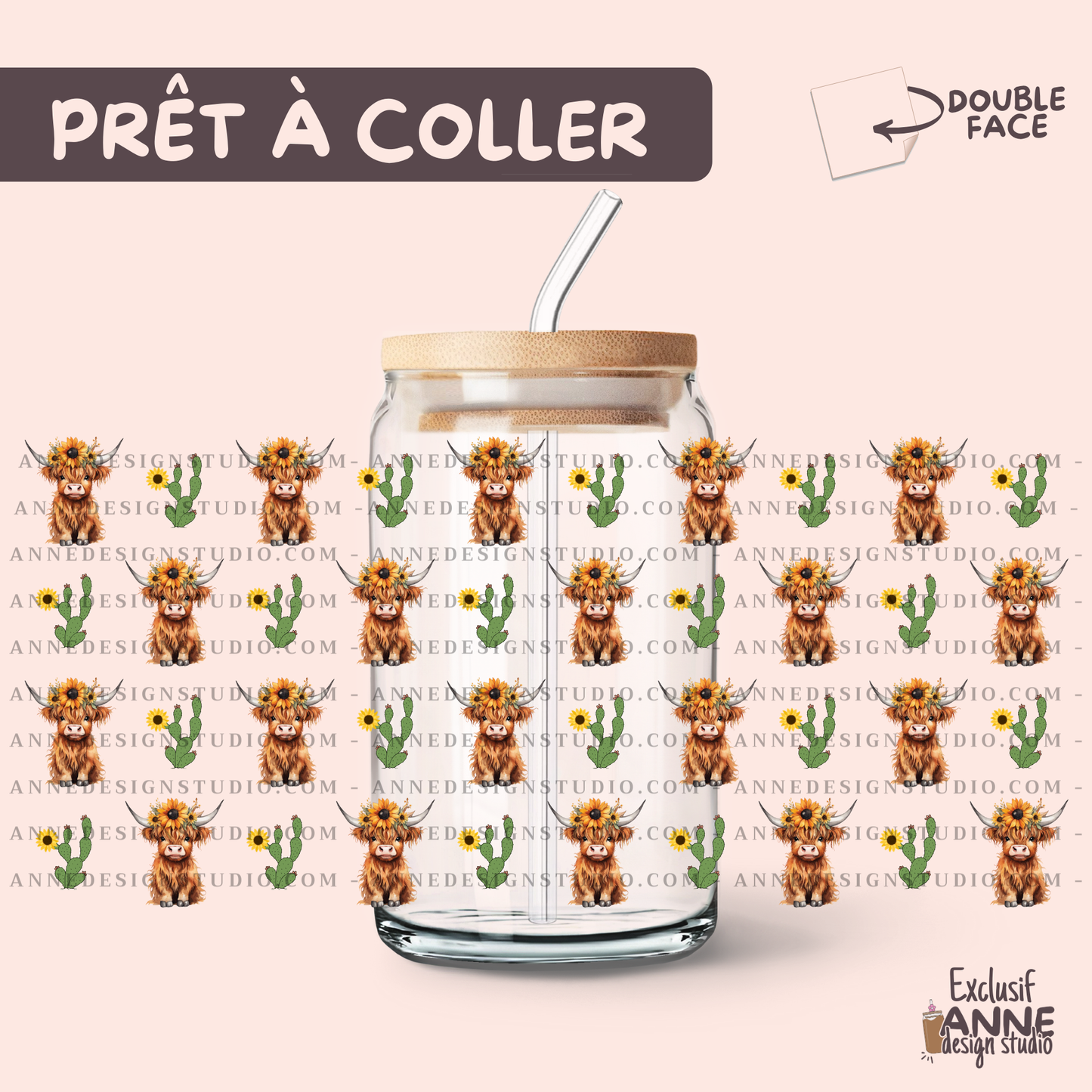 Autocollants UV DTF | Highland cow & cactus