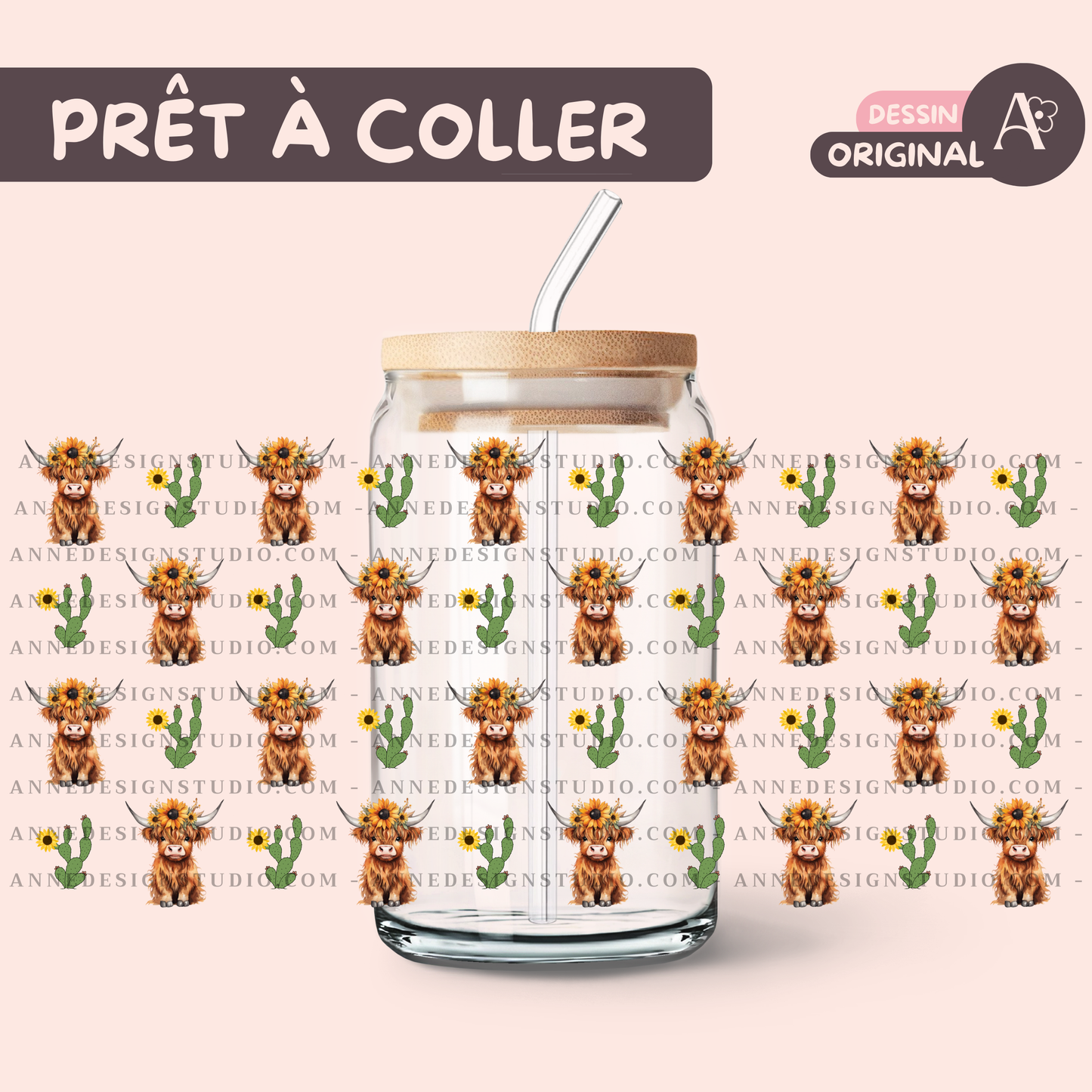 Autocollants UV DTF | Highland cow & cactus